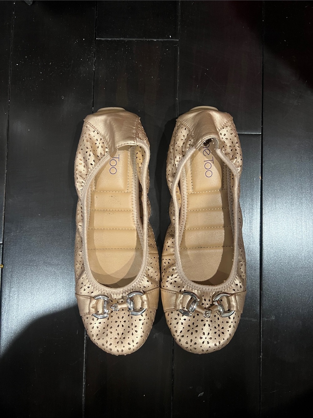 Me too!! Metallic Gold Perforated Ballet Flats with Decorative Bit
